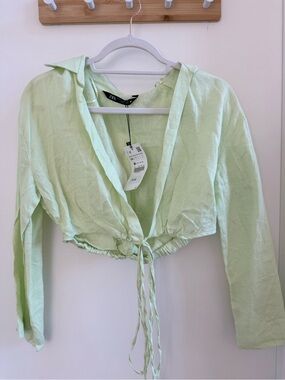 ZARA Pale Mint Drawstring Tie-Front Cropped Blouse